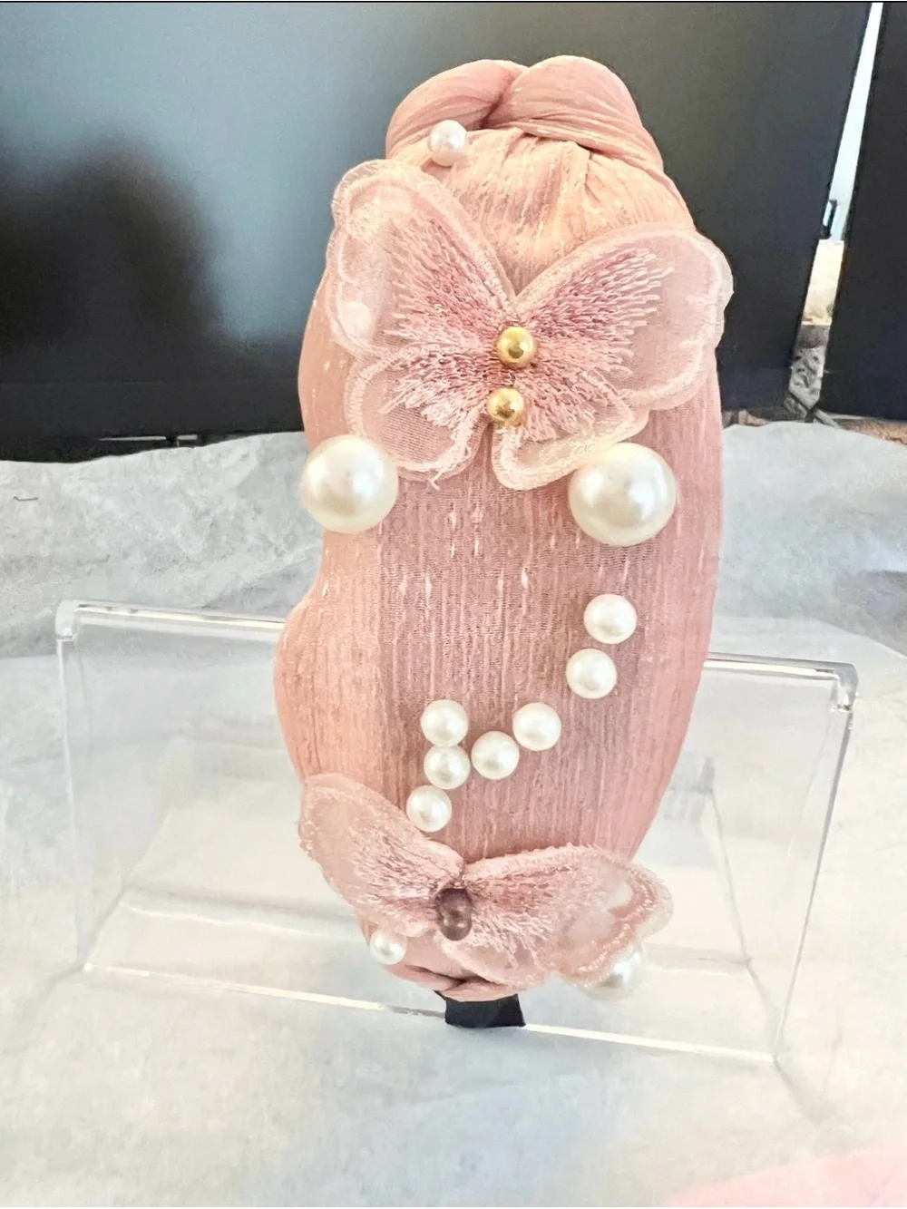 NWT Pink Pearl-Embellished Knotted Headband